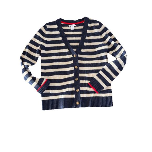 Cream Sweaters - Tabitha Webb Women’s Wool Blend Cardigan Sweater Navy Cream Red Size Small